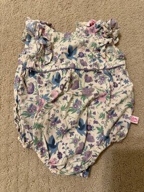 Ruffle Butts Cream Floral Romper with Purple & Blue Accents